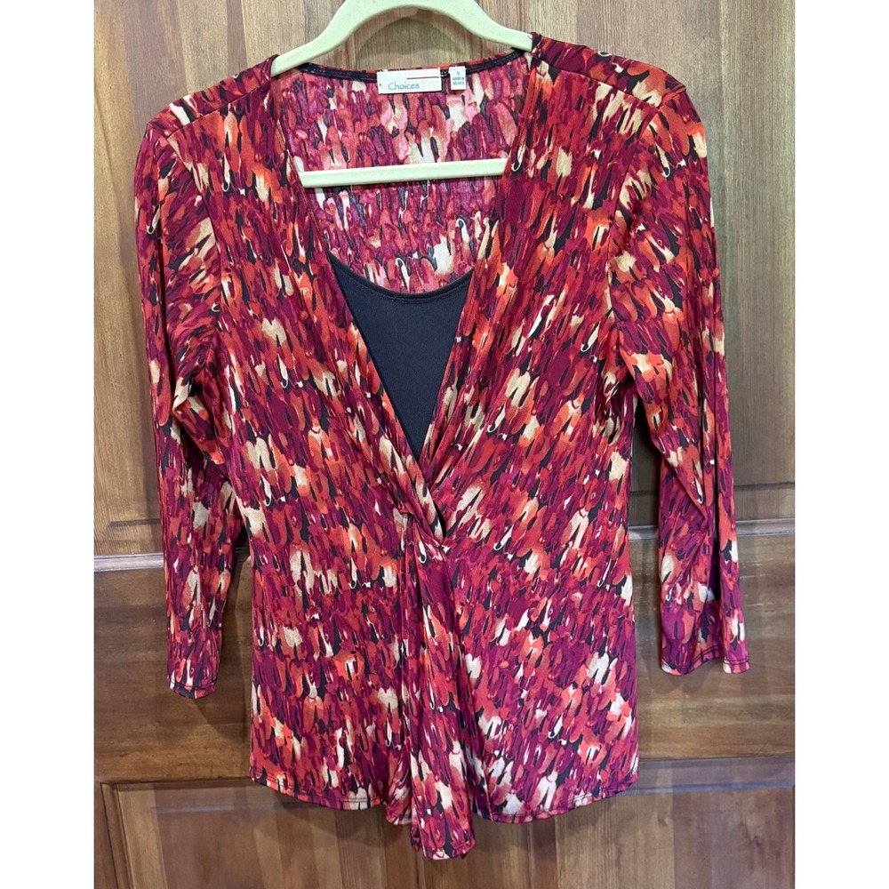 Choices Red Abstract Brushstroke Twist Front Faux Wrap Top Small EUC